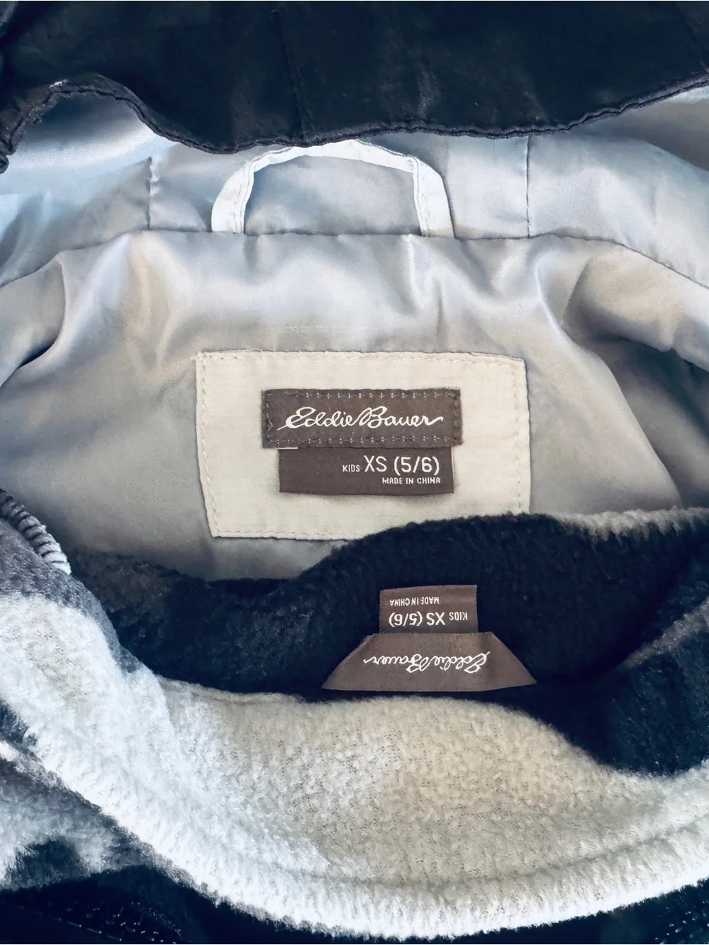 Eddie Bauer Kids Two-Tone Hooded Raincoat - Black & Light Gray- Removable insert